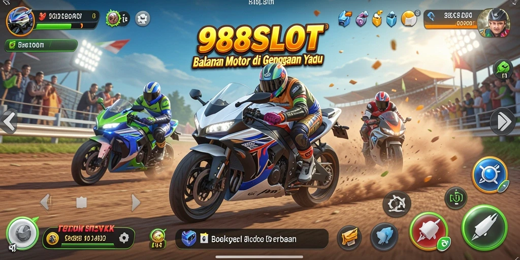 Gameplay 988SLOT menampilkan aksi balap motor yang mendebarkan.