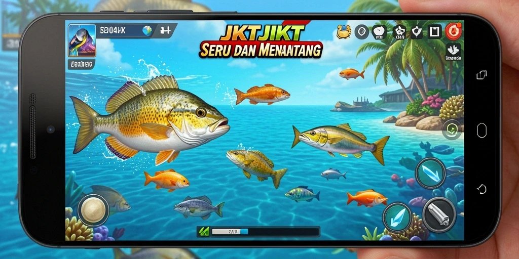 Screenshot gameplay JKTJKT menampilkan aksi menembak ikan dengan efek visual menarik.
