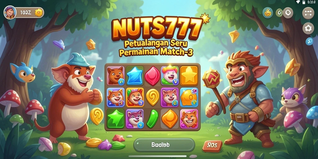 Screenshot NUTS777 menampilkan gameplay seru Match-3 yang penuh warna.