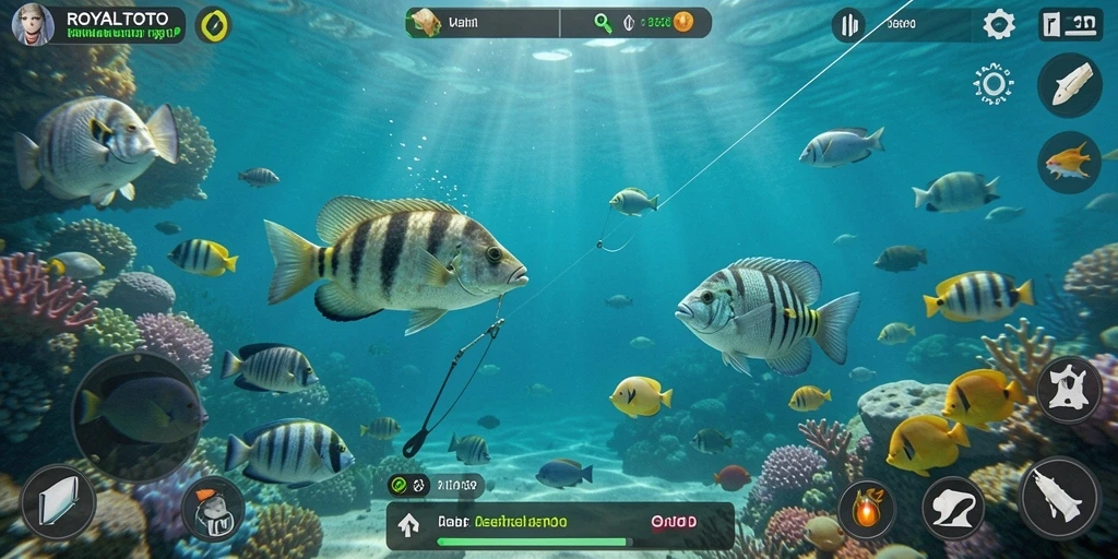 Screenshot gameplay ROYALTOTO dengan tampilan memancing yang memukau.
