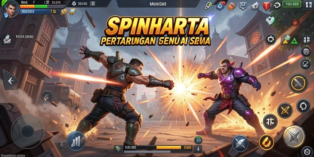 Tampilan screenshot SPINHARTA saat pertarungan mendebarkan.